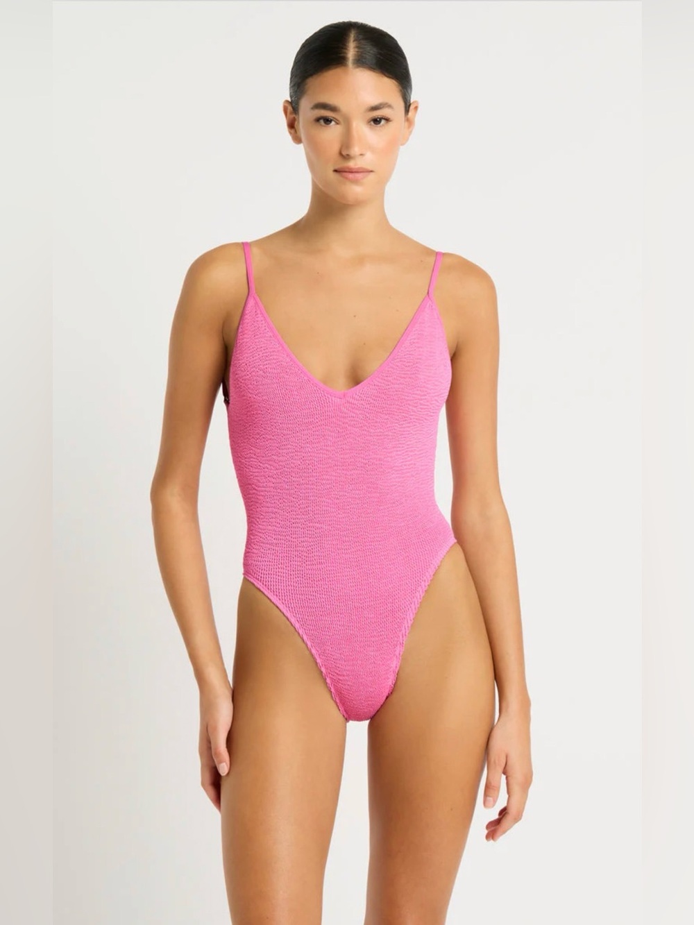 bond-eye Pink Textured V-Neck One-Piece Swimsuit